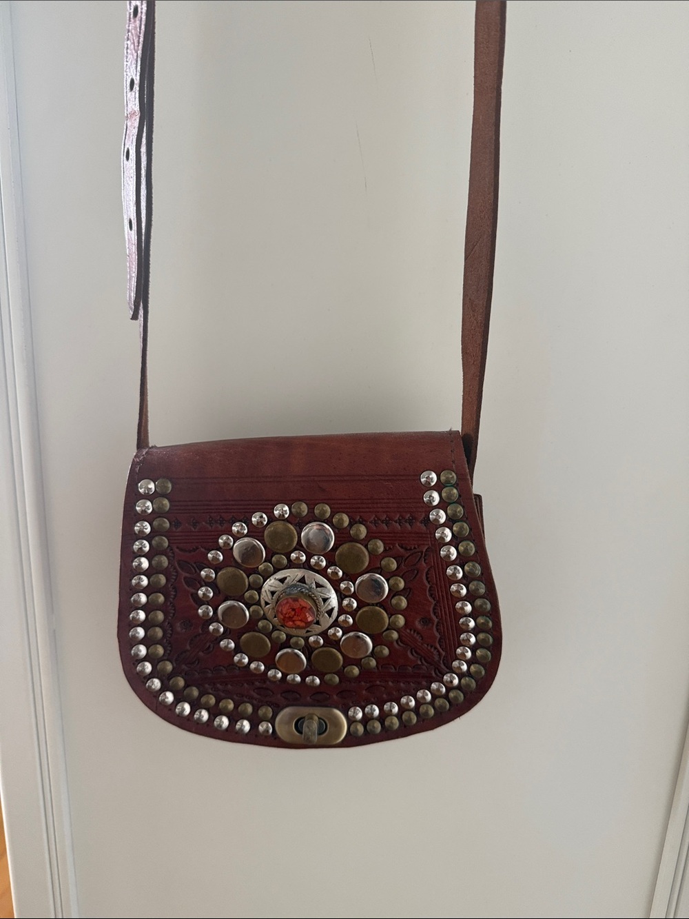 Brown Leather Crossbody Bag with Stud Accents - Picture 3 of 8